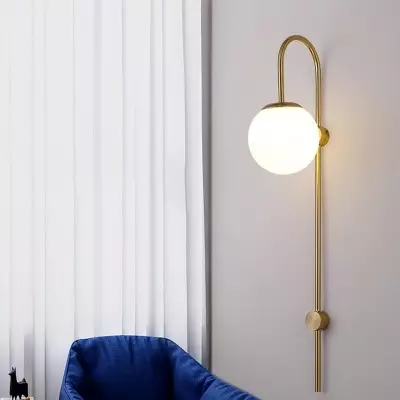 Qorven Minimalist Long Pole Globe Brass Plug In Wall Sconce