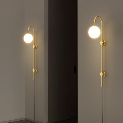Qorven Minimalist Long Pole Globe Brass Plug In Wall Sconce Qorven Minimalist Long Pole Globe Brass Plug In Wall Sconce