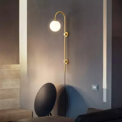 Qorven Minimalist Long Pole Globe Brass Plug In Wall Sconce