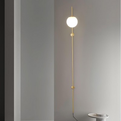 Qorven Minimalist Long Pole Globe Brass Plug In Wall Sconce Qorven Minimalist Long Pole Globe Brass Plug In Wall Sconce