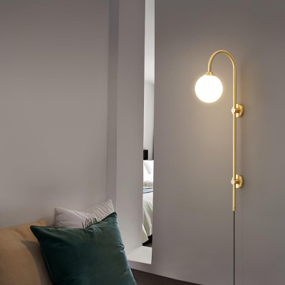 Qorven Minimalist Long Pole Globe Brass Plug In Wall Sconce Qorven Minimalist Long Pole Globe Brass Plug In Wall Sconce