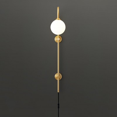 Qorven Minimalist Long Pole Globe Brass Plug In Wall Sconce Qorven Minimalist Long Pole Globe Brass Plug In Wall Sconce
