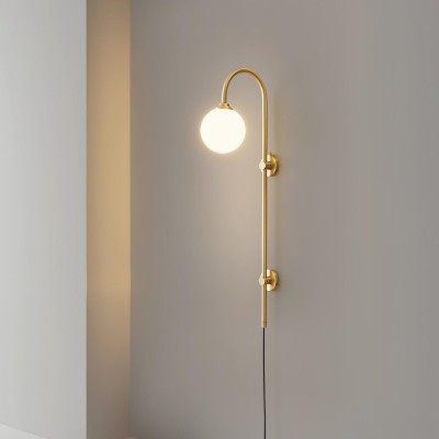 Qorven Minimalist Long Pole Globe Brass Plug In Wall Sconce Qorven Minimalist Long Pole Globe Brass Plug In Wall Sconce