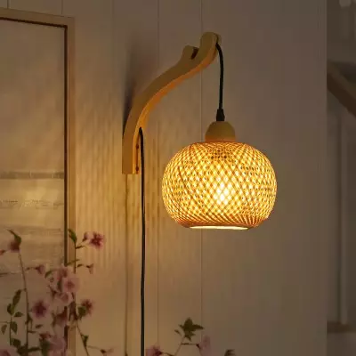 Deyron Rattan Hanging Wood Plug In Wall Mounted Lamp Deyron Rattan Hanging Wood Plug In Wall Mounted Lamp