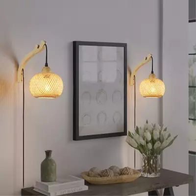 Deyron Rattan Hanging Wood Plug In Wall Mounted Lamp Deyron Rattan Hanging Wood Plug In Wall Mounted Lamp