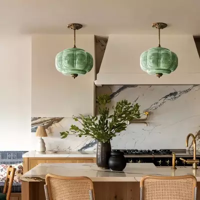 Vortan Antique Brass Green Glass Semi-Flush Mount Eloise Pendant Lamp Vortan Antique Brass Green Glass Semi-Flush Mount Eloise Pendant Lamp