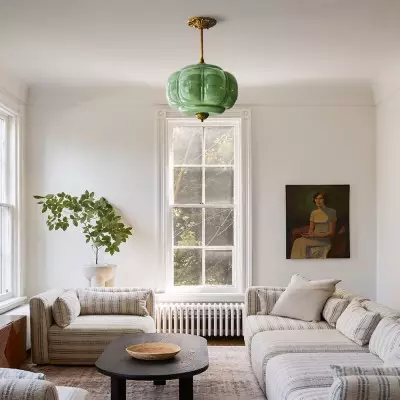 Vortan Antique Brass Green Glass Semi-Flush Mount Eloise Pendant Lamp Vortan Antique Brass Green Glass Semi-Flush Mount Eloise Pendant Lamp