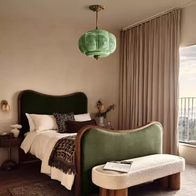 Vortan Antique Brass Green Glass Semi-Flush Mount Eloise Pendant Lamp Vortan Antique Brass Green Glass Semi-Flush Mount Eloise Pendant Lamp