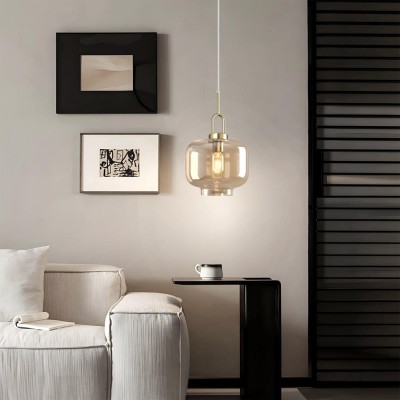Vylith Brass Cognac Glass Single Hanging Lamp Vylith Brass Cognac Glass Single Hanging Lamp