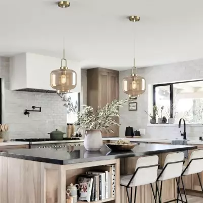 Vylith Brass Cognac Glass Single Hanging Lamp Vylith Brass Cognac Glass Single Hanging Lamp