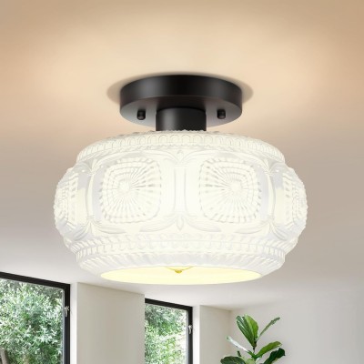 Ixionis Retro Carved Glass Semi Flush Ceiling Light