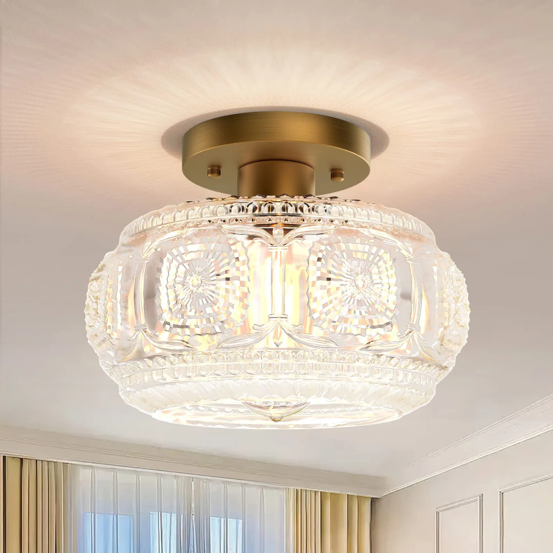 Ixionis Retro Carved Glass Semi Flush Ceiling Light