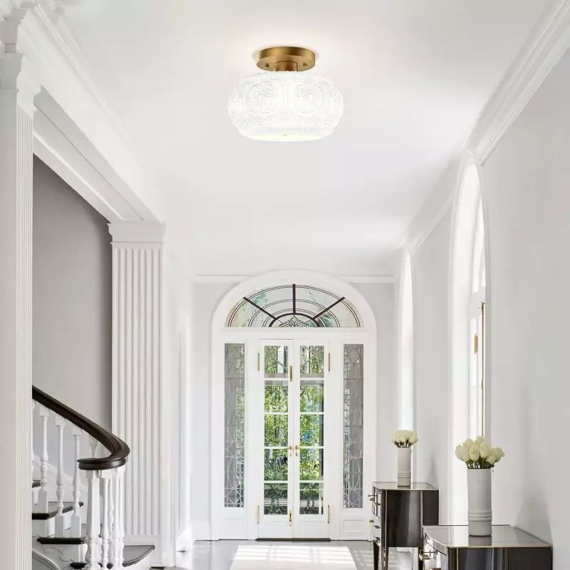 Ixionis Retro Carved Glass Semi Flush Ceiling Light