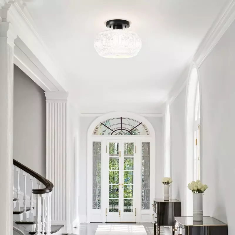 Ixionis Retro Carved Glass Semi Flush Ceiling Light