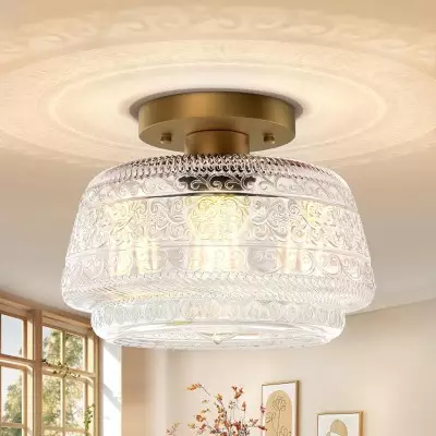 Ixionis Farmhouse Patterned Glass Semi Flush Mount Ceiling Light Ixionis Farmhouse Patterned Glass Semi Flush Mount Ceiling Light