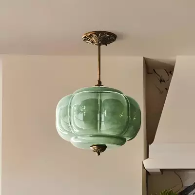 Vortan Antique Brass Green Glass Semi-Flush Mount Eloise Pendant Lamp Vortan Antique Brass Green Glass Semi-Flush Mount Eloise Pendant Lamp