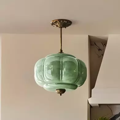 Vortan Antique Brass Green Glass Semi-Flush Mount Eloise Pendant Lamp Vortan Antique Brass Green Glass Semi-Flush Mount Eloise Pendant Lamp