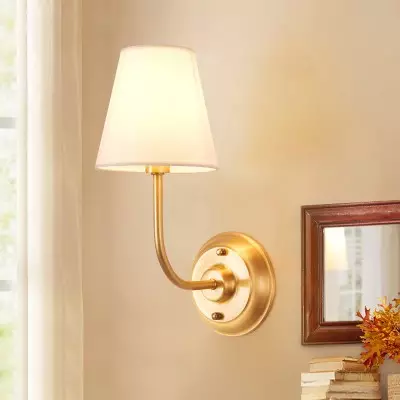 Ozwa Frosted Antique Brass Wall Sconce with Linen Shade Ozwa Frosted Antique Brass Wall Sconce with Linen Shade