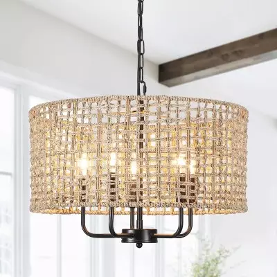 Arlo Bohemian 5 Light Natural Rattan Drum Chandelier Arlo Bohemian 5 Light Natural Rattan Drum Chandelier