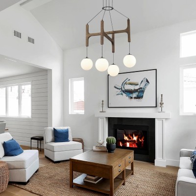 Astraea Farmhouse Wooden Branch Milk Glass Globe Chandelier