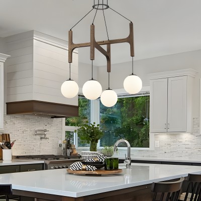 Astraea Farmhouse Wooden Branch Milk Glass Globe Chandelier