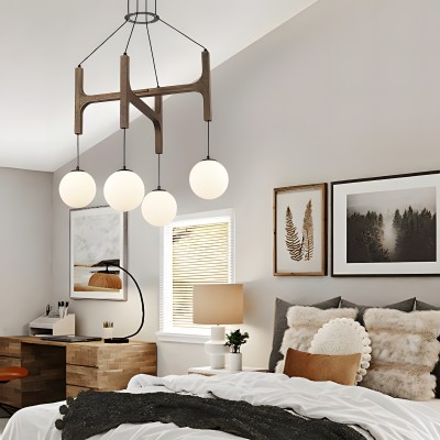 Astraea Farmhouse Wooden Branch Milk Glass Globe Chandelier