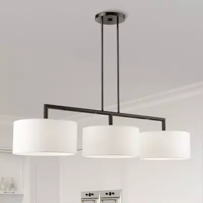Glythar Black 3 Light White Fibric Drum Shades Linear Chandelier