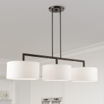 Glythar Black 3 Light White Fibric Drum Shades Linear Chandelier