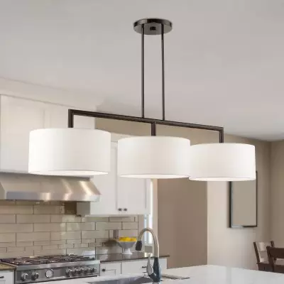 Glythar Black 3 Light White Fibric Drum Shades Linear Chandelier Glythar Black 3 Light White Fibric Drum Shades Linear Chandelier