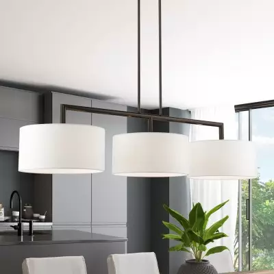 Glythar Black 3 Light White Fibric Drum Shades Linear Chandelier Glythar Black 3 Light White Fibric Drum Shades Linear Chandelier