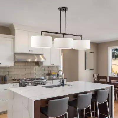 Glythar Black 3 Light White Fibric Drum Shades Linear Chandelier