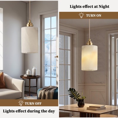 Beverlee Modern Brass Cylinder Alabaster Pendant Light Beverlee Modern Brass Cylinder Alabaster Pendant Light