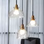 Kethor Mid Century Wood Hammered Glass Dome Pendant Light