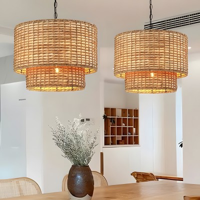 Harland Beachy Natural Rattan Double Drum Pendant Light