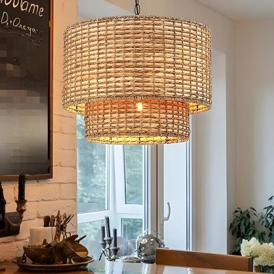 Harland Beachy Natural Rattan Double Drum Pendant Light