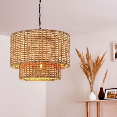 Harland Beachy Natural Rattan Double Drum Pendant Light