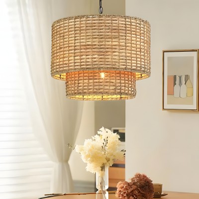 Harland Beachy Natural Rattan Double Drum Pendant Light