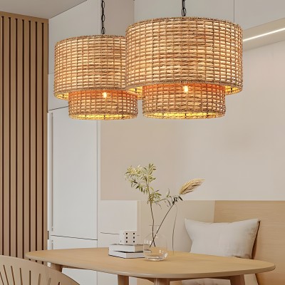 Harland Beachy Natural Rattan Double Drum Pendant Light