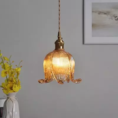Fawen Retro Floral  Ribbed Glass Shade Pendant Light Fawen Retro Floral  Ribbed Glass Shade Pendant Light