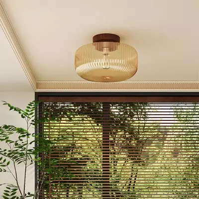 Octavius Farmhouse Retro Amber Fluted Glass Ceiling Light Octavius Farmhouse Retro Amber Fluted Glass Ceiling Light