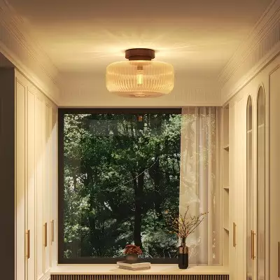 Octavius Farmhouse Retro Amber Fluted Glass Ceiling Light Octavius Farmhouse Retro Amber Fluted Glass Ceiling Light