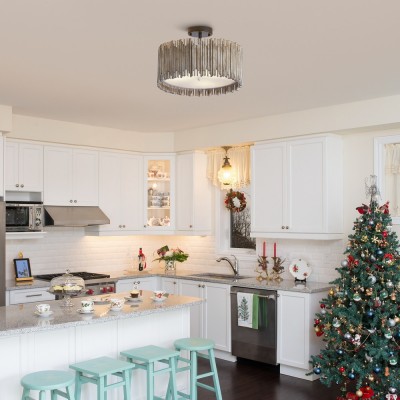 Callio Rustic Distressed White Wood Drum Semi Flush Mount Ceiling Light