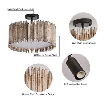 Callio Rustic Distressed White Wood Drum Semi Flush Mount Ceiling Light