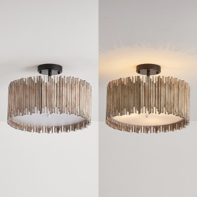 Callio Rustic Distressed White Wood Drum Semi Flush Mount Ceiling Light
