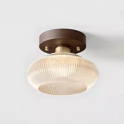 Caspian Retro Led Walnut Base Amber Fluted Glass Ceiling Light Caspian Retro Led Walnut Base Amber Fluted Glass Ceiling Light
