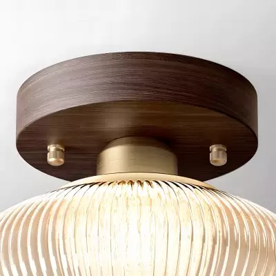 Caspian Retro Led Walnut Base Amber Fluted Glass Ceiling Light Caspian Retro Led Walnut Base Amber Fluted Glass Ceiling Light