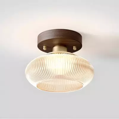 Caspian Retro Led Walnut Base Amber Fluted Glass Ceiling Light Caspian Retro Led Walnut Base Amber Fluted Glass Ceiling Light