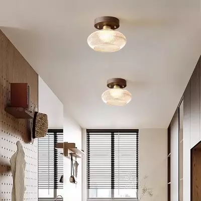 Caspian Retro Led Walnut Base Amber Fluted Glass Ceiling Light Caspian Retro Led Walnut Base Amber Fluted Glass Ceiling Light