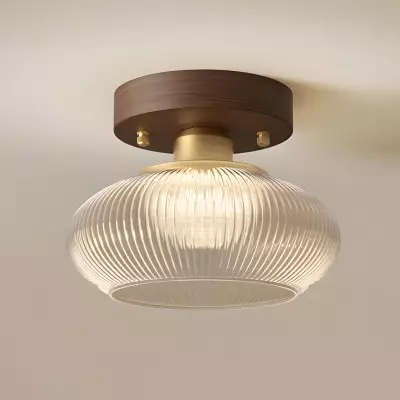 Caspian Retro Led Walnut Base Amber Fluted Glass Ceiling Light Caspian Retro Led Walnut Base Amber Fluted Glass Ceiling Light