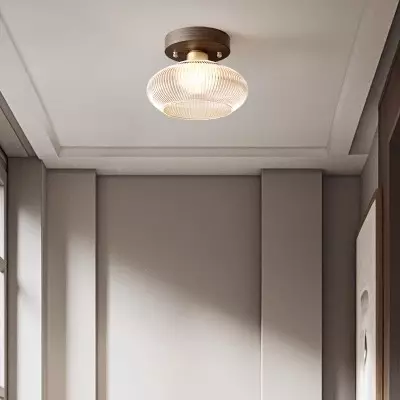 Caspian Retro Led Walnut Base Amber Fluted Glass Ceiling Light Caspian Retro Led Walnut Base Amber Fluted Glass Ceiling Light